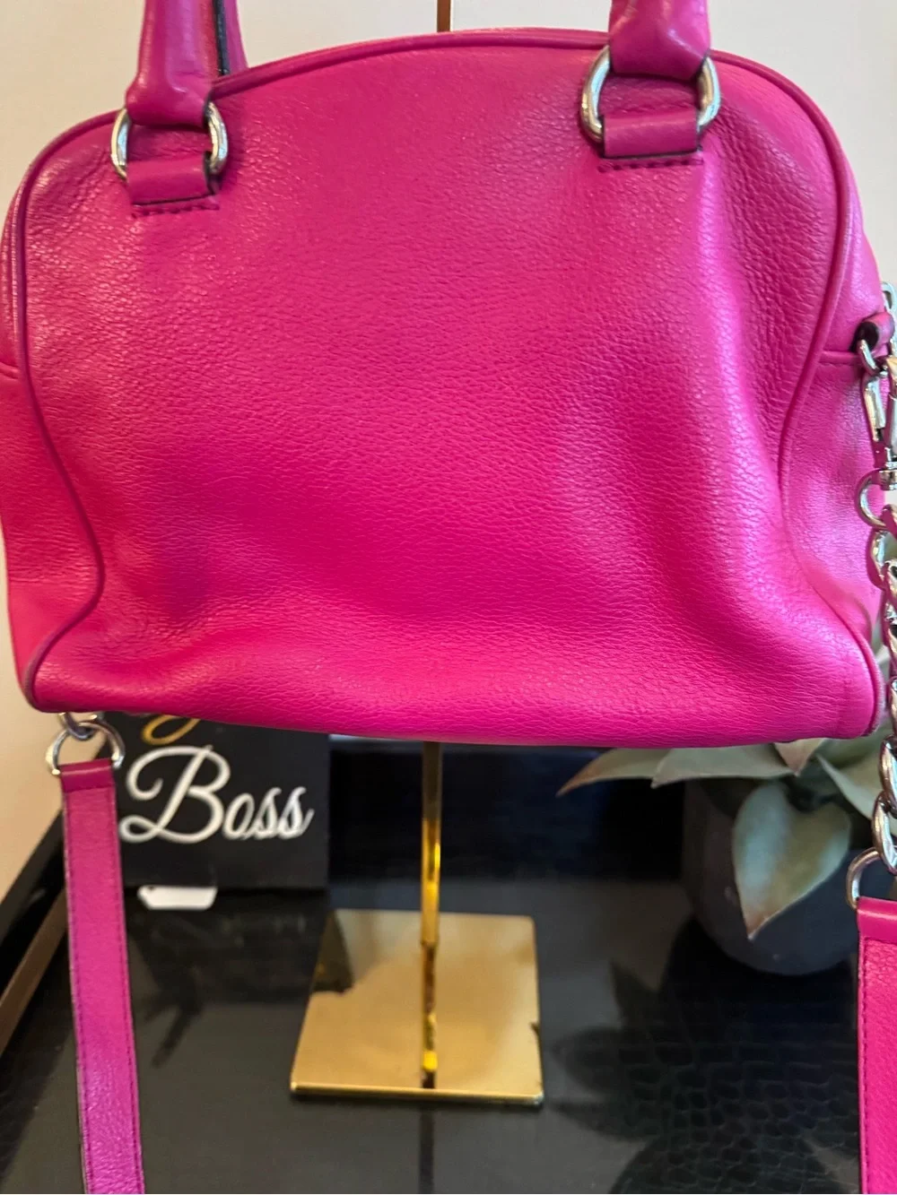 Michael Kors Raspberry Leather Satchel with Tassel Charm